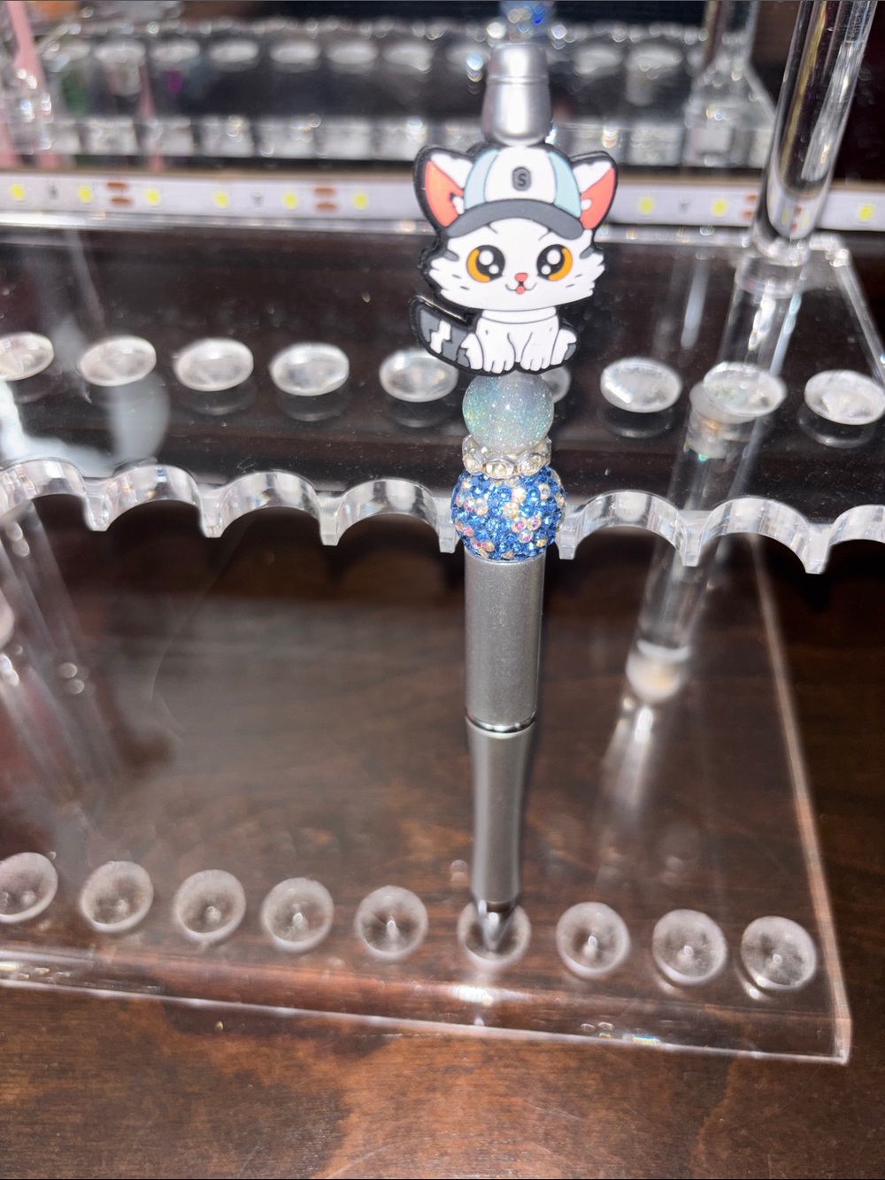 Cute Cat Pen - Gray with Blue Crystal Accent